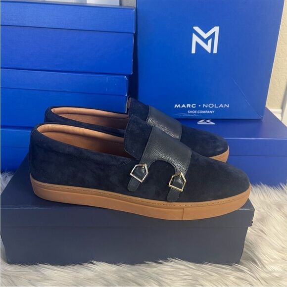 Marc Nolan Kyler Monk Strap Suede Leather Sneakers dark blue loafers size 15 - Picture 1 of 10